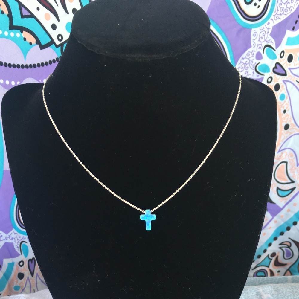 Blue Opal Cross Necklace with silver chain